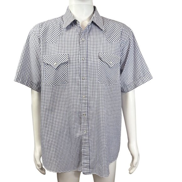 Plains Mens Western Wear Checkered Shirt Snap Front White Blue XL Short Sleeve - Picture 1 of 6
